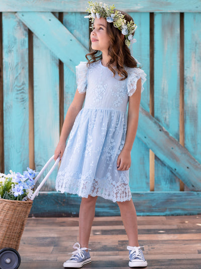 girls light blue lace summer dress with capped sleeves