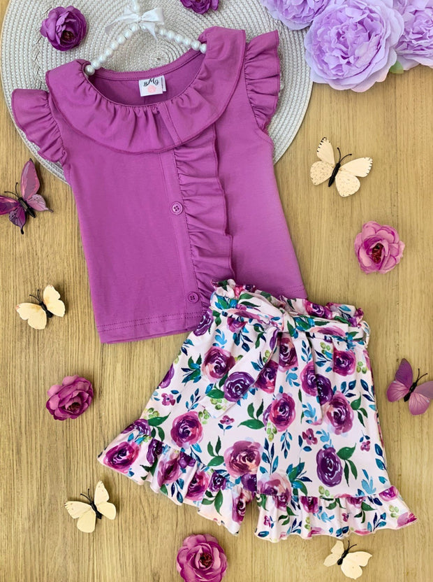 Mia Belle Girls Lilac Top with Front Buttons and Floral