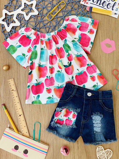 Little girls back to school short-sleeve apple print top and matching patched denim shorts - Mia Belle Girls