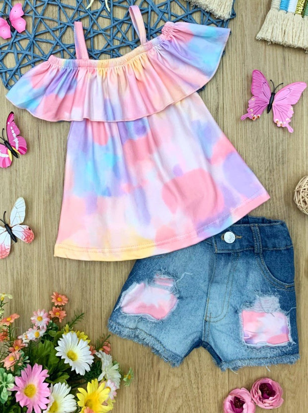 Girls Cold-Shoulder Tie Dye Top & Patched Denim Shorts Set - Mia Belle ...