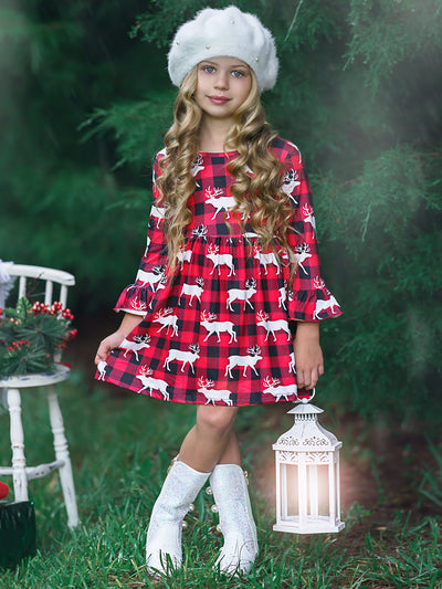 Girls Reindeer Plaid Dress with Ruffled Sleeves - Mia Belle Girls