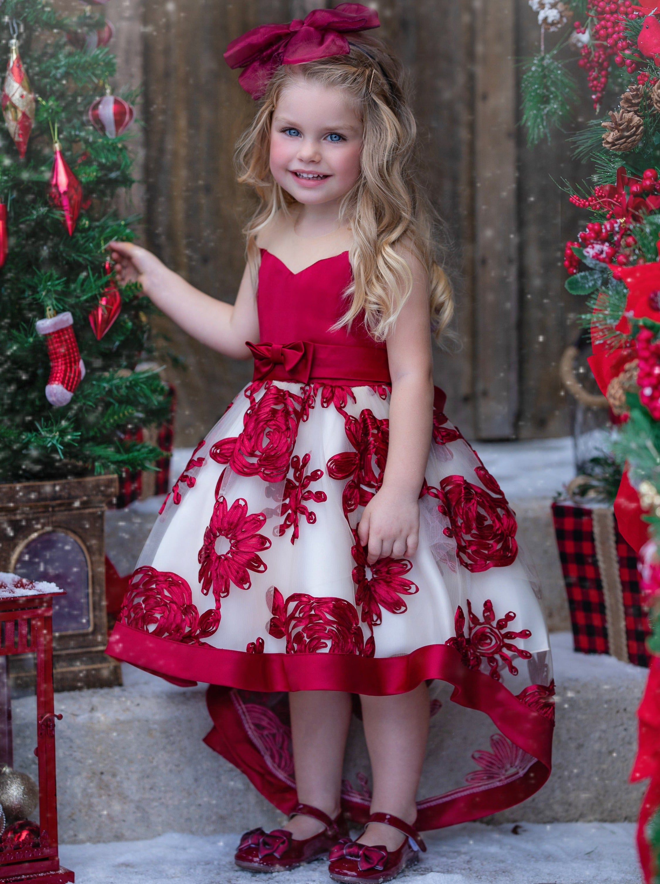 Image of Sheer Collar Red Embroidered Hi-Lo Dress