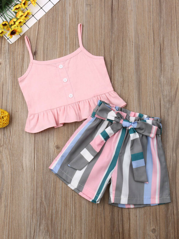 Girls Sleeveless Ruffle Crop Top and Striped Short Pants Set – Mia ...