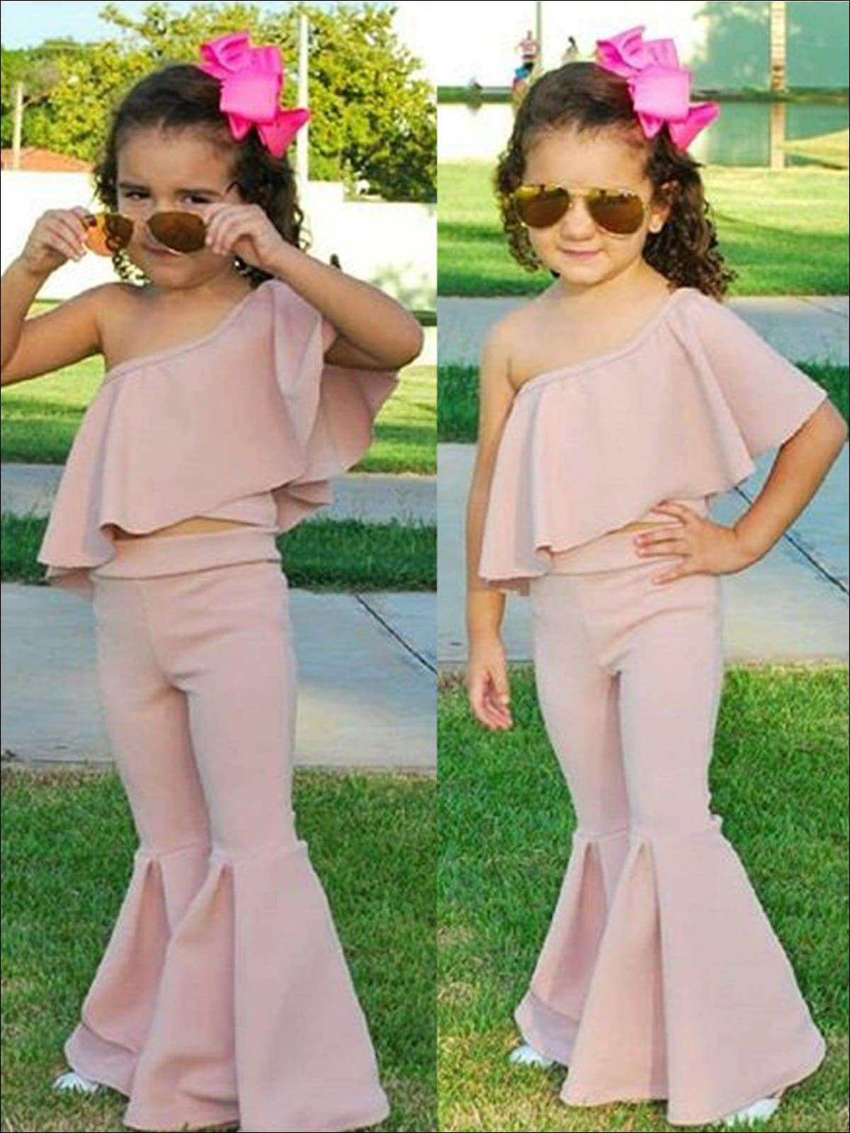 Girls Pink One Shoulder Ruffled Top And Bell Bottom Pants Set – Mia Belle  Girls