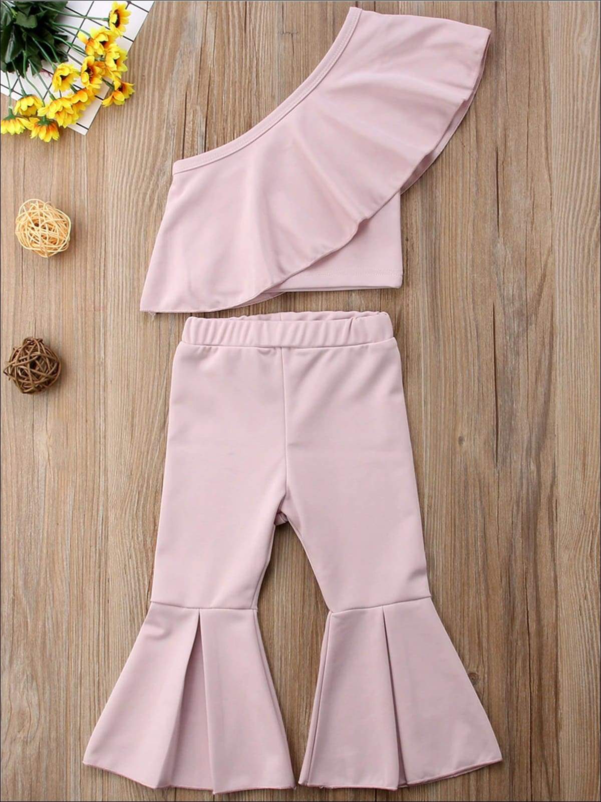 Girls Pink One Shoulder Ruffled Top And Bell Bottom Pants Set – Mia Belle  Girls