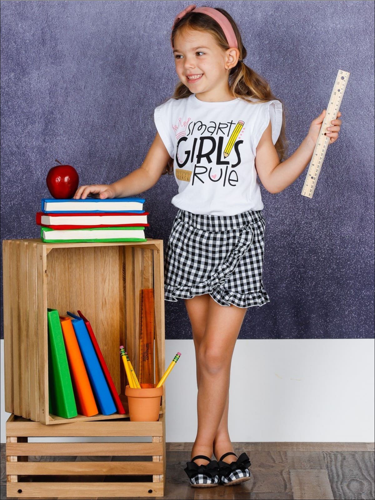 First Day of School, Girls Rule Top And Gingham Skort