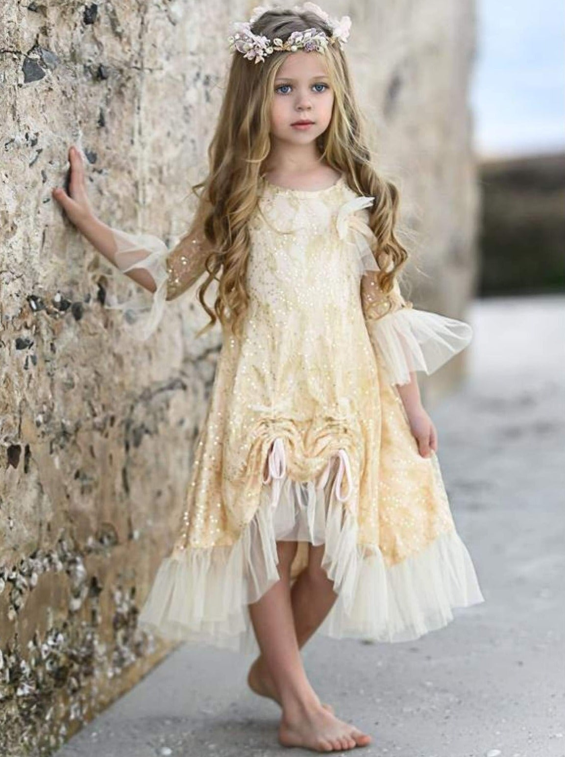 Mia Belle Girls Long Sleeve Floral Lace Dress