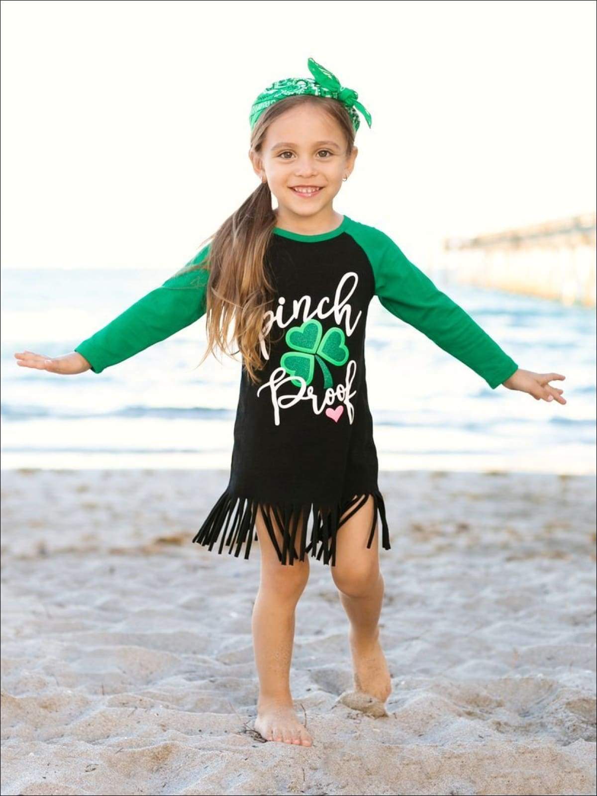 Girls Black & Green St. Patrick’s Day Themed Pinch Proof Clover Long Sleeve  Fringe Dress