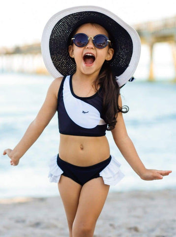 Girls Ruffled Halter Neck Top with Bow & Skirted Shorts Two Piece Swimsuit