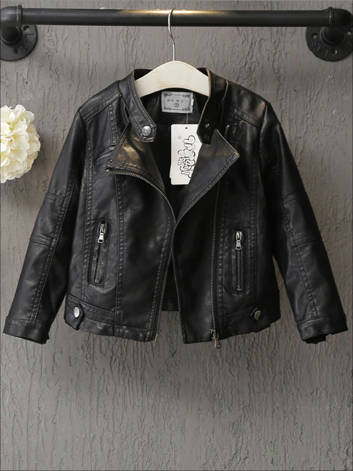 Girls Black Synthetic Leather Moto Jacket