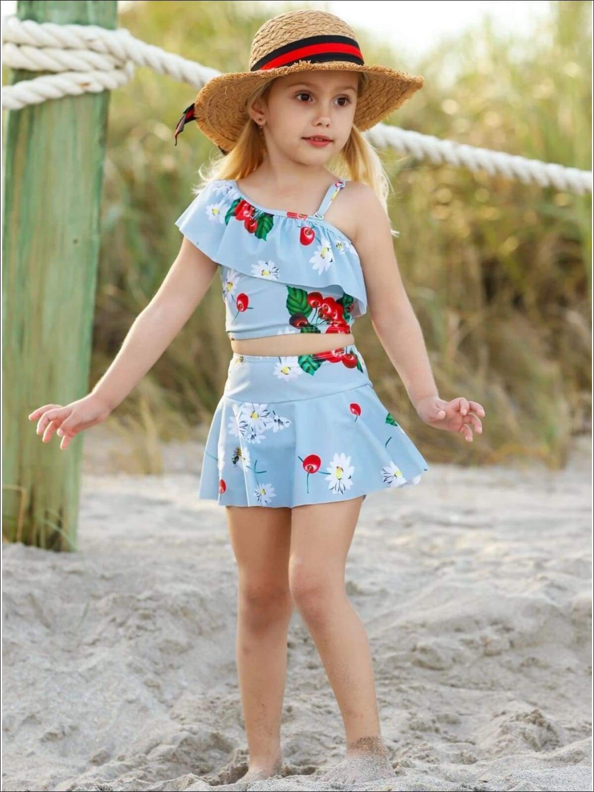 Kids Cute Swimsuits  Girls One Shoulder Ruffled Two Piece Swimsuit – Mia  Belle Girls