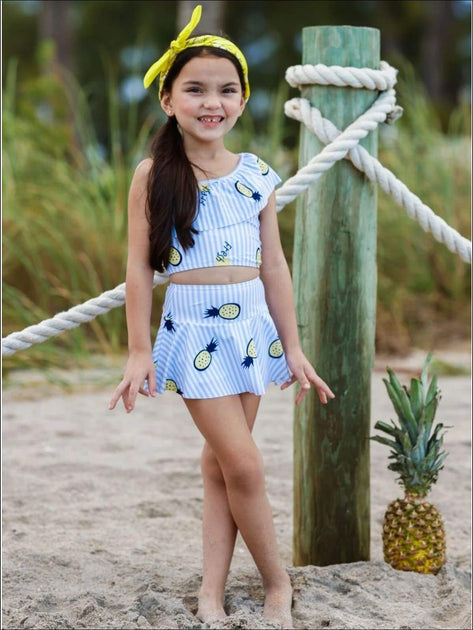 Mia Belle Girls Blue Pineapple Print One Shoulder Ruffle Top & Skirted