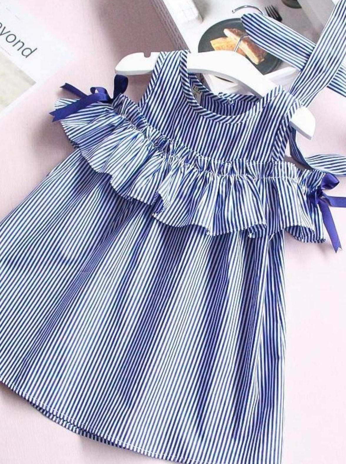 Mia Belle Girls Blue & White Stripe Ruffled Cold Shoulder Tunic Dress
