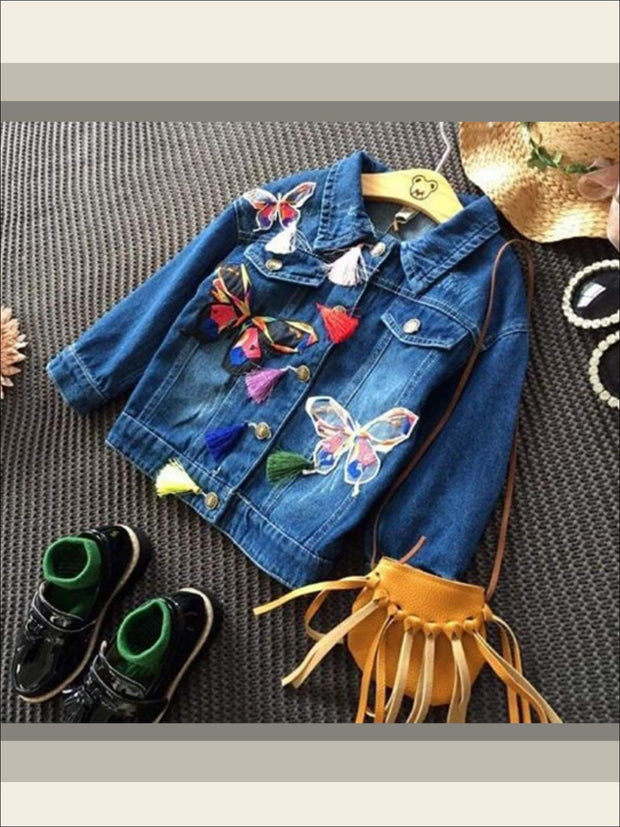 Girls Butterfly Applique Denim Jacket Dark Blue Amp Light Blue Denim Options Mia Belle Girls