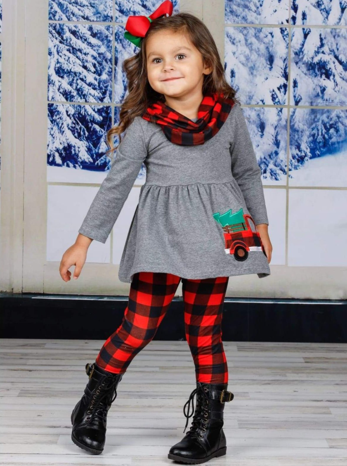 Cute Winter Sets  Girls Christmas Truck Tunic, Scarf, And Legging Set –  Mia Belle Girls