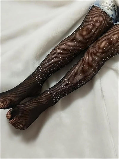 Girls Crystal Embellished Fishnet Tights - Black / One Size - Girls Accessories