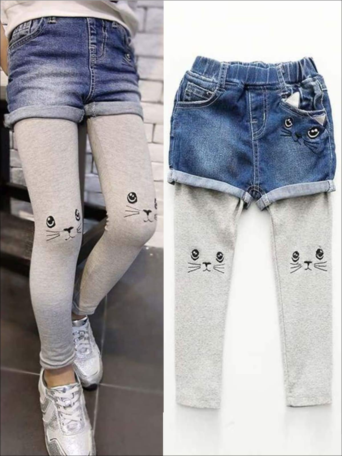 Girls Denim Shorts with Built-In Cat Embroidered Leggings