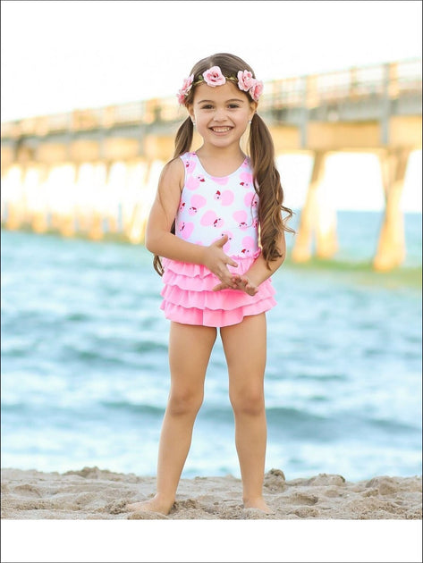 Mia Belle Girls Duckies Print Layered Ruffled Skirted One Piece Swimsuit