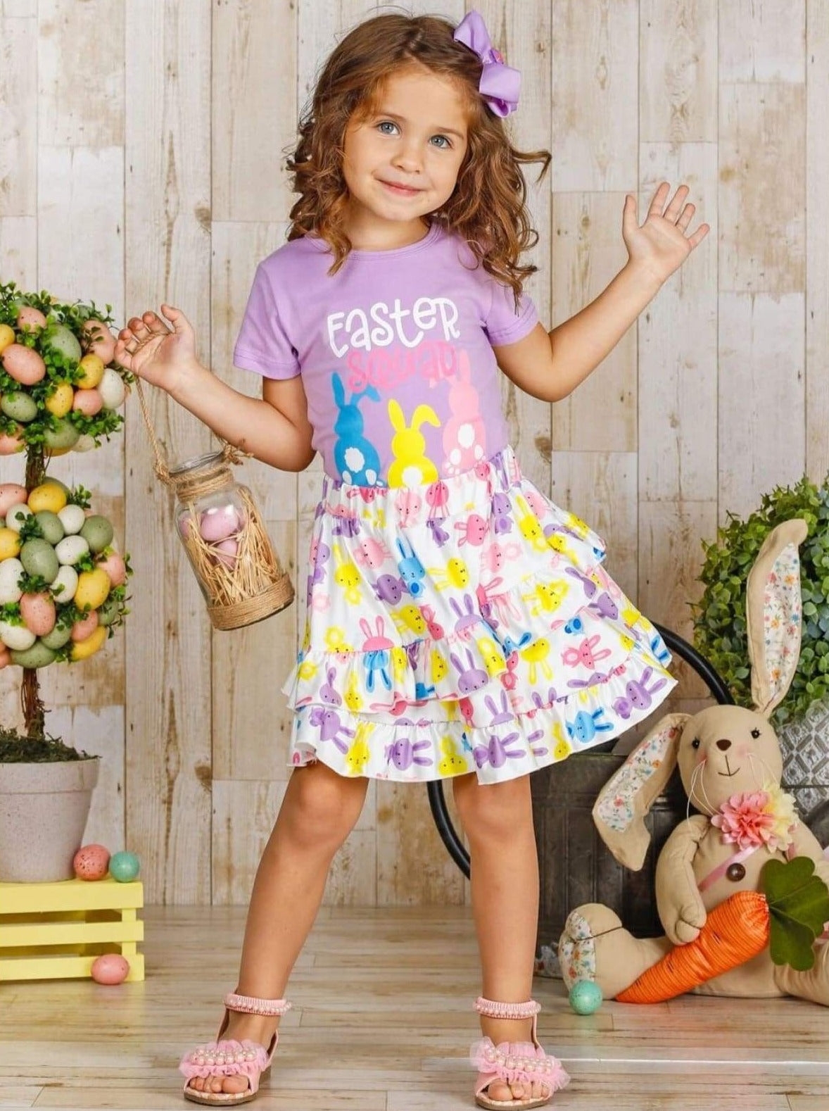 Girls Easter Squad Bunny Print Top and Ruffled Skirt Set