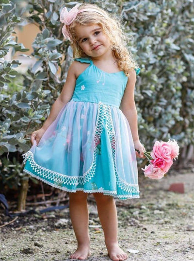 Mia Belle Girls Floral Flutter Sleeve Lace Trimmed Overlay Skirt Dress
