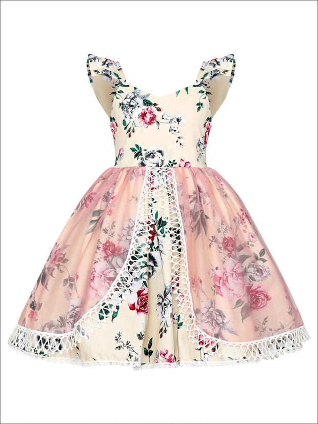 Mia Belle Girls Floral Flutter Sleeve Lace Trimmed Overlay Skirt Dress ...