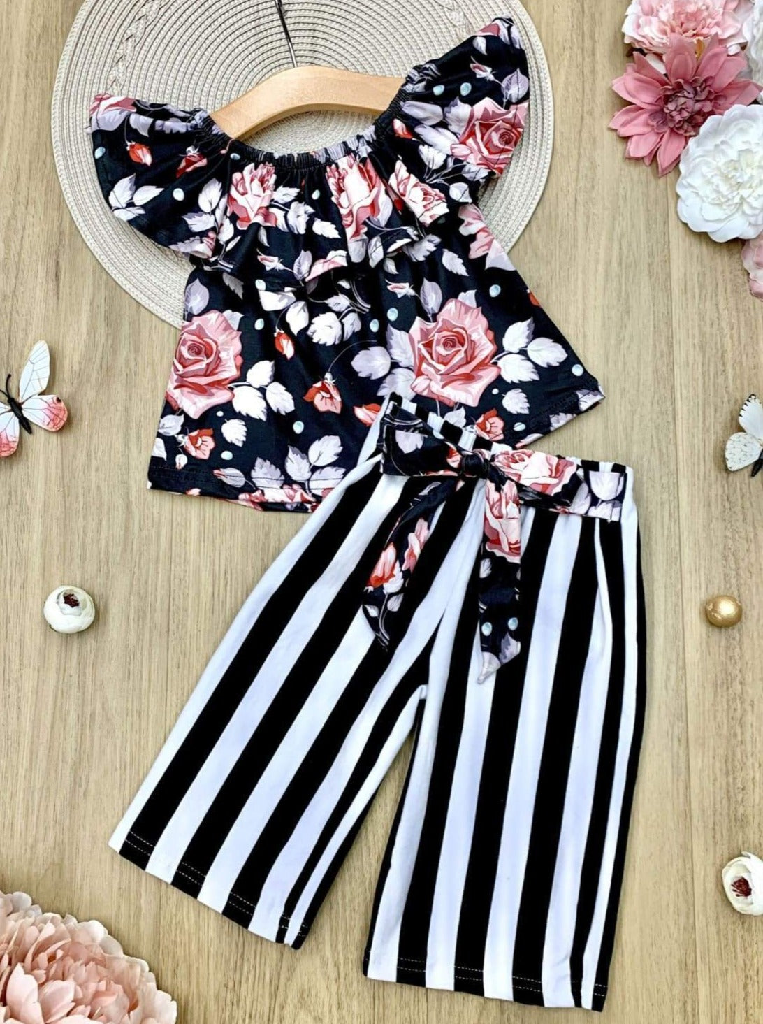 Womens Two Piece Outfits Floral Crop Shirts Top Striped - Import It All