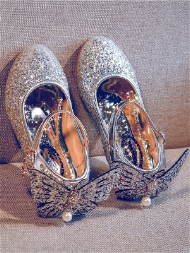 silver glitter butterfly heels