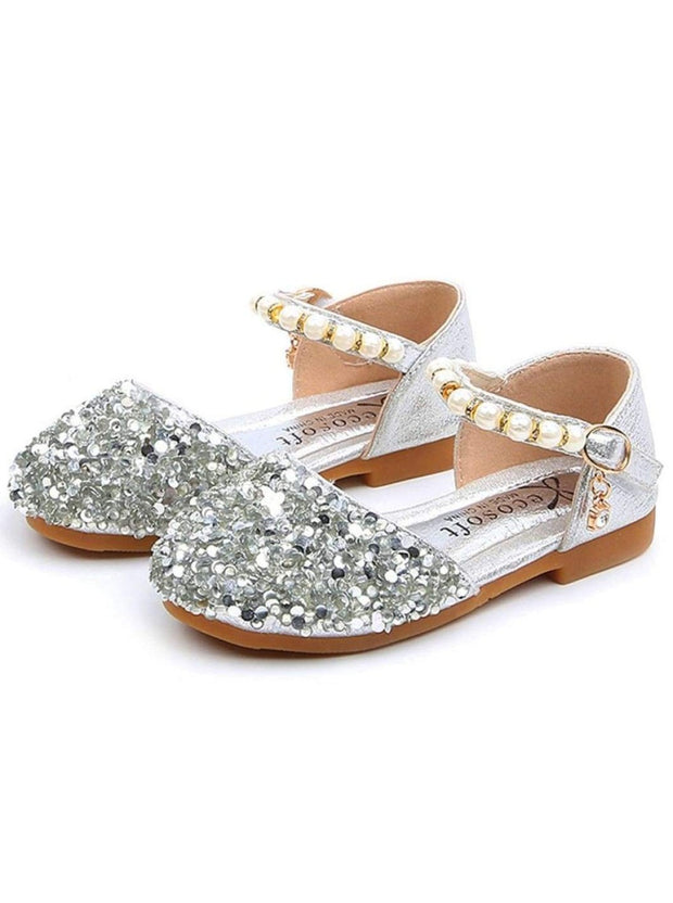 Girls Glitter Pearl Strap Dressy Flats 