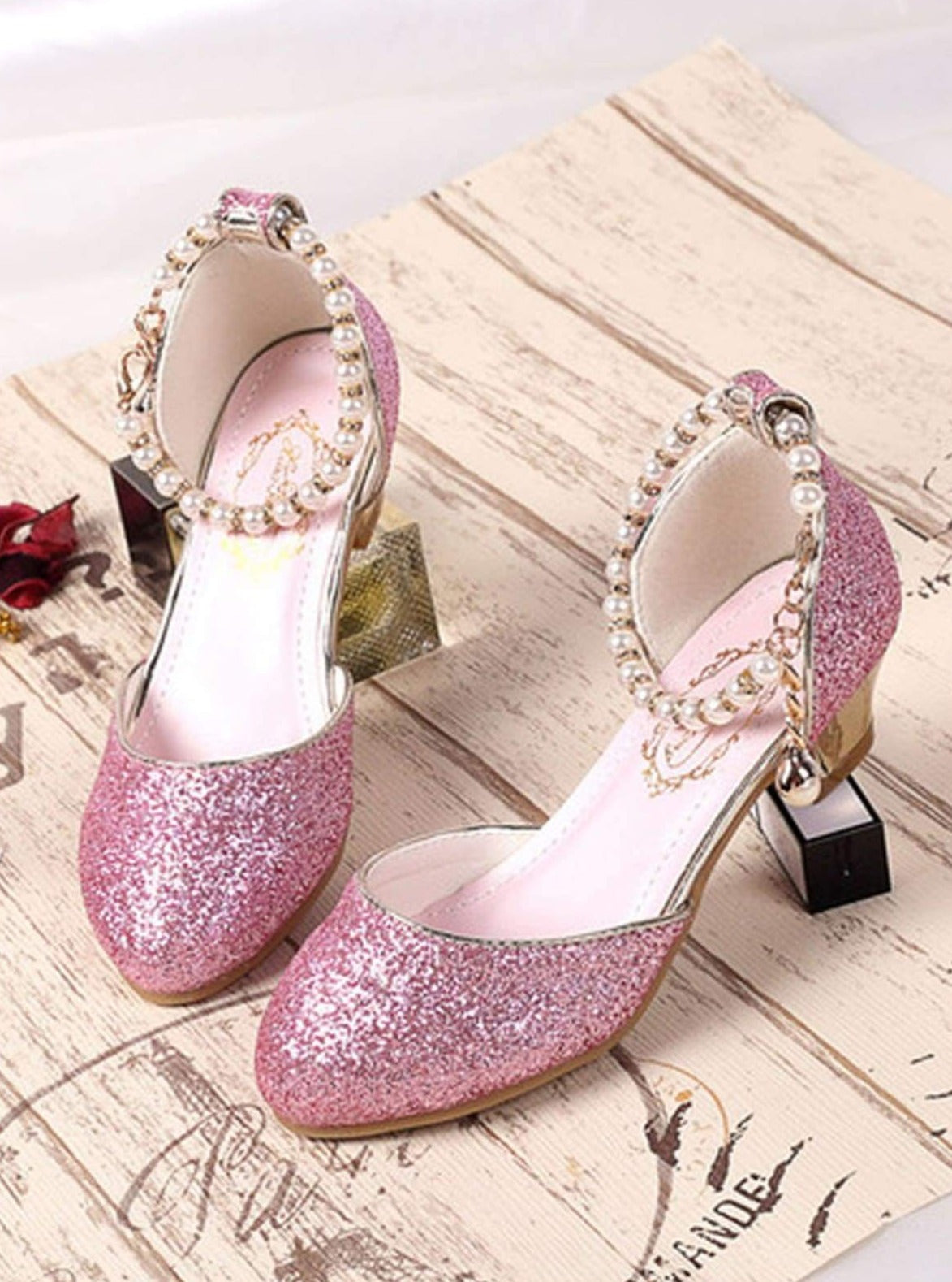 Girls Glittering Pearl Strap High Heel 