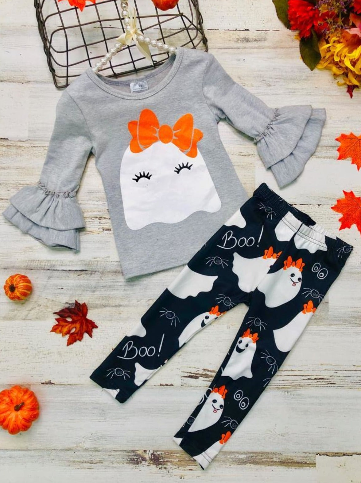 Girls Halloween Themed Ruffled 3/4 Sleeve Ghost Print Tunic & Boo Ghost  Print Leggings Set