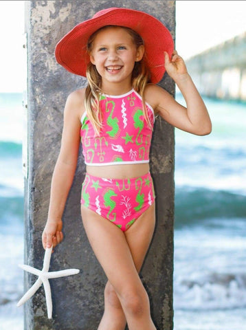 Little Girls Swimwear  Halter Medallion High Waist Two Piece Swimsuit –  Mia Belle Girls