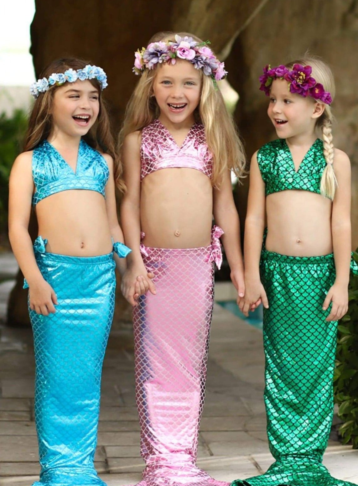 Girls Halter Top Side Tie Mermaid Bikini With Tail Skirt