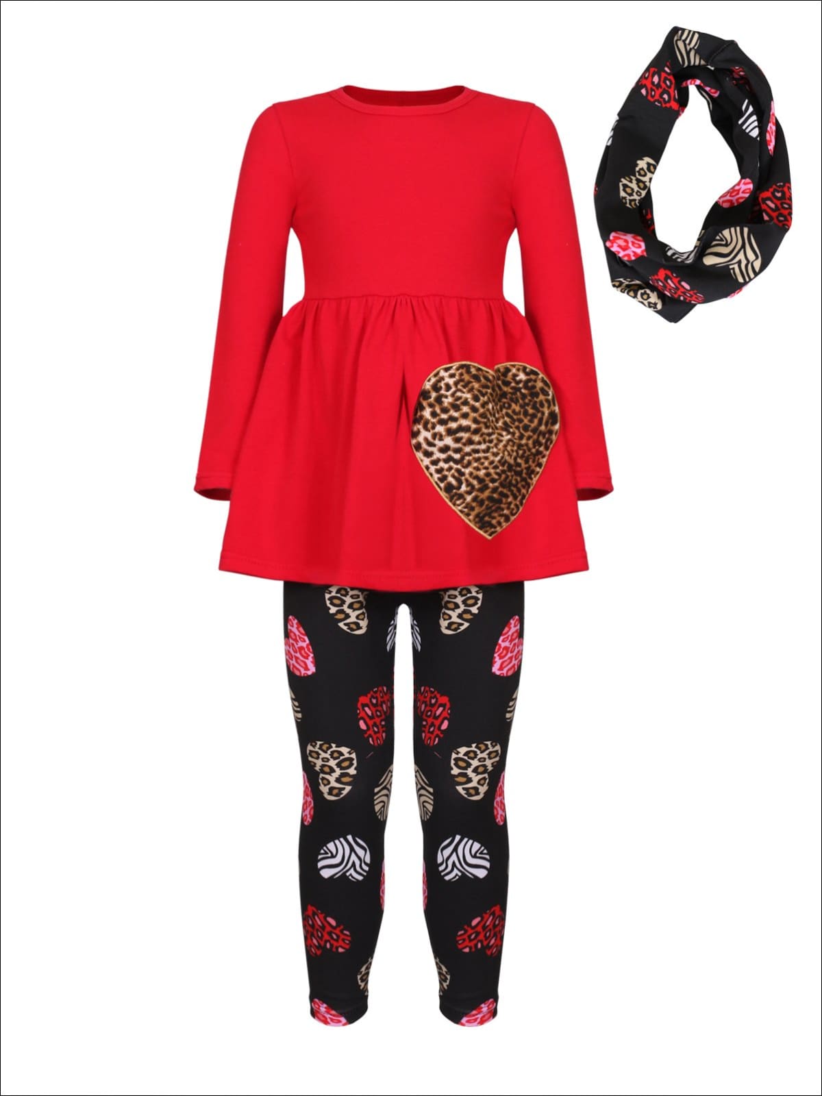 Mia Belle Girls Heart Themed Animal Print Heart Tunic Leggings & Scarf Set