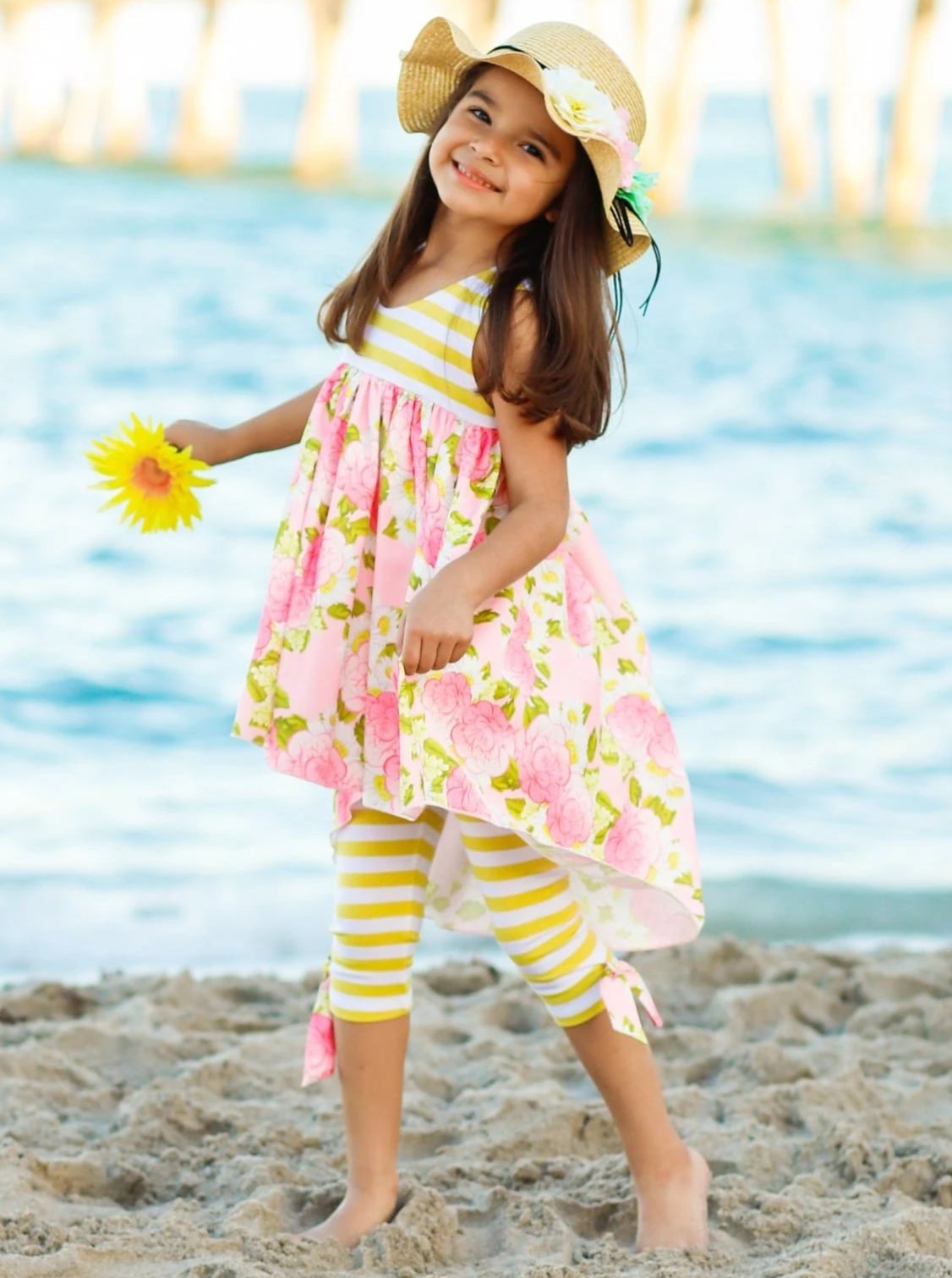 Little Girls Spring Outfit  Floral Hi-Lo Tunic And Striped