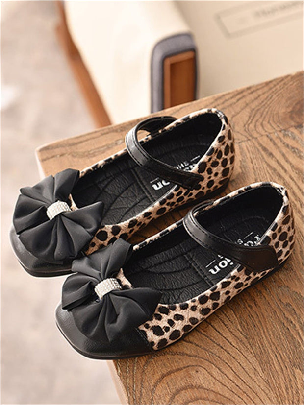 Girls Leather Animal Print Flats with Rhinestone and Bow Embellishments ...