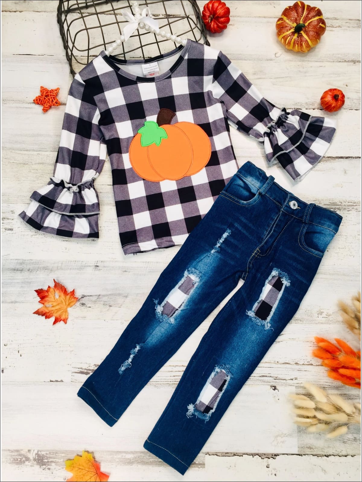 Toddlers Ruffle Sleeve Top & Distressed Jeans Set - Mia Belle Girls