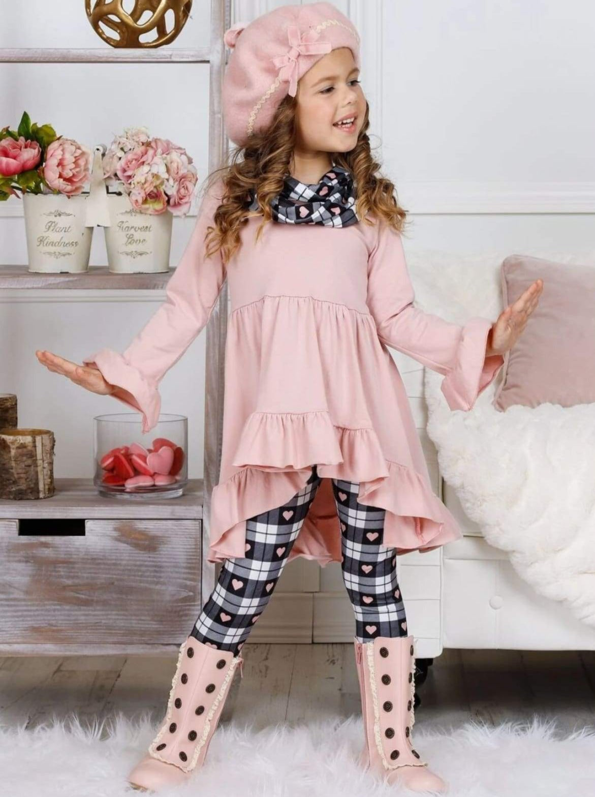 Valentine's Outfits  Girls Hi-Lo Ruffle Tunic, Scarf And Legging Set – Mia  Belle Girls