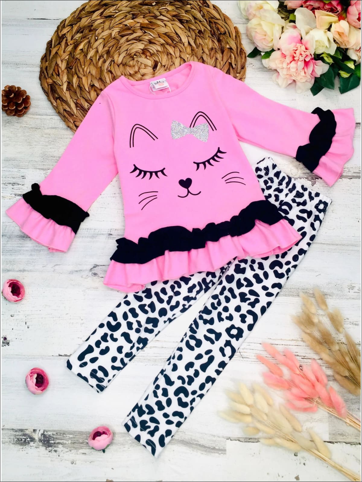 Girls Long Sleeve Kitty Face Ruffled Tunic and Animal Print Legging Set –  Mia Belle Girls