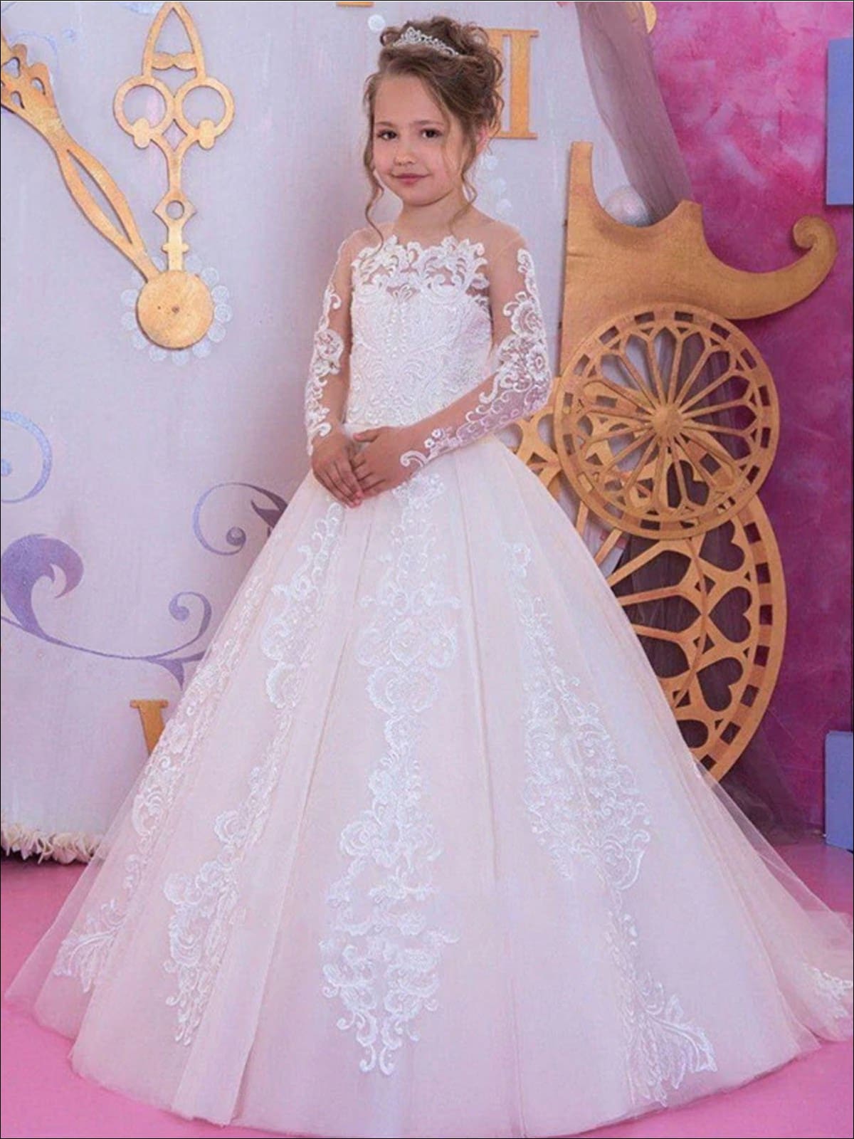 Elegant Princess Golden Lace Dress Kid Girl FlowerDress for Party Long Ball  Gown | eBay