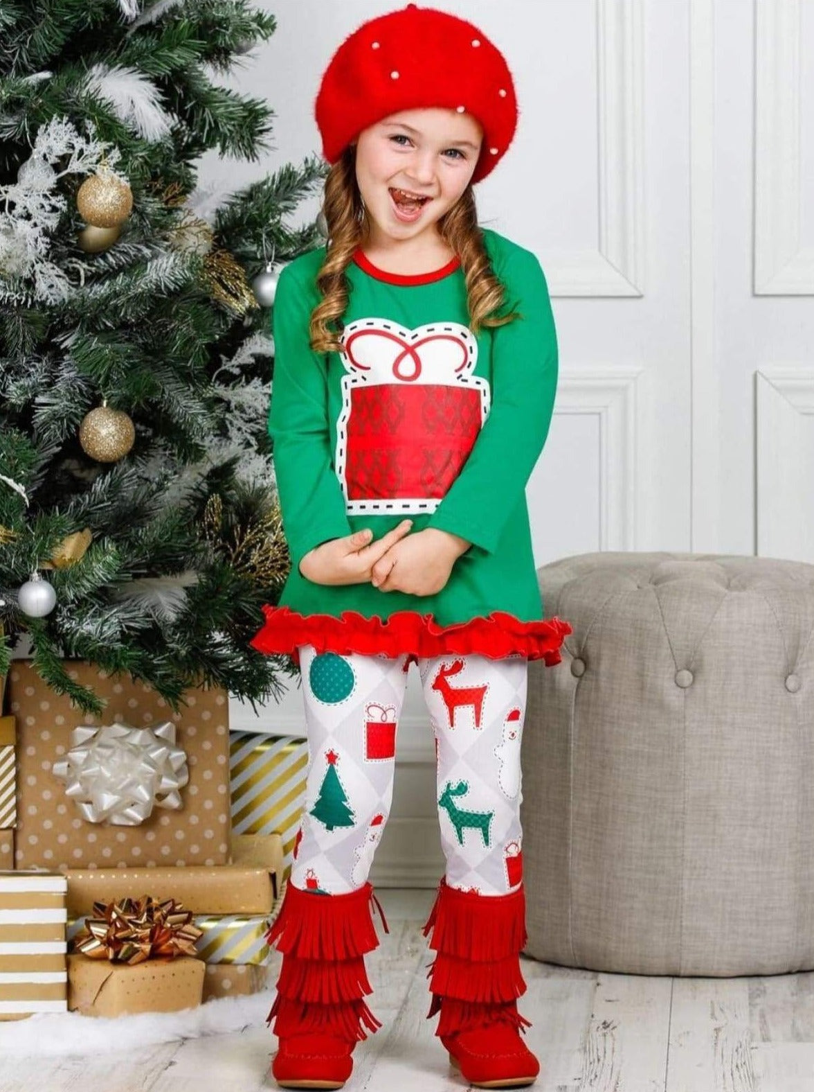 Girls Christmas Themed Long Sleeve Santa Applique Tunic Andamp; Ruffled  Animal Print Leggings Set – Mia Belle Girls