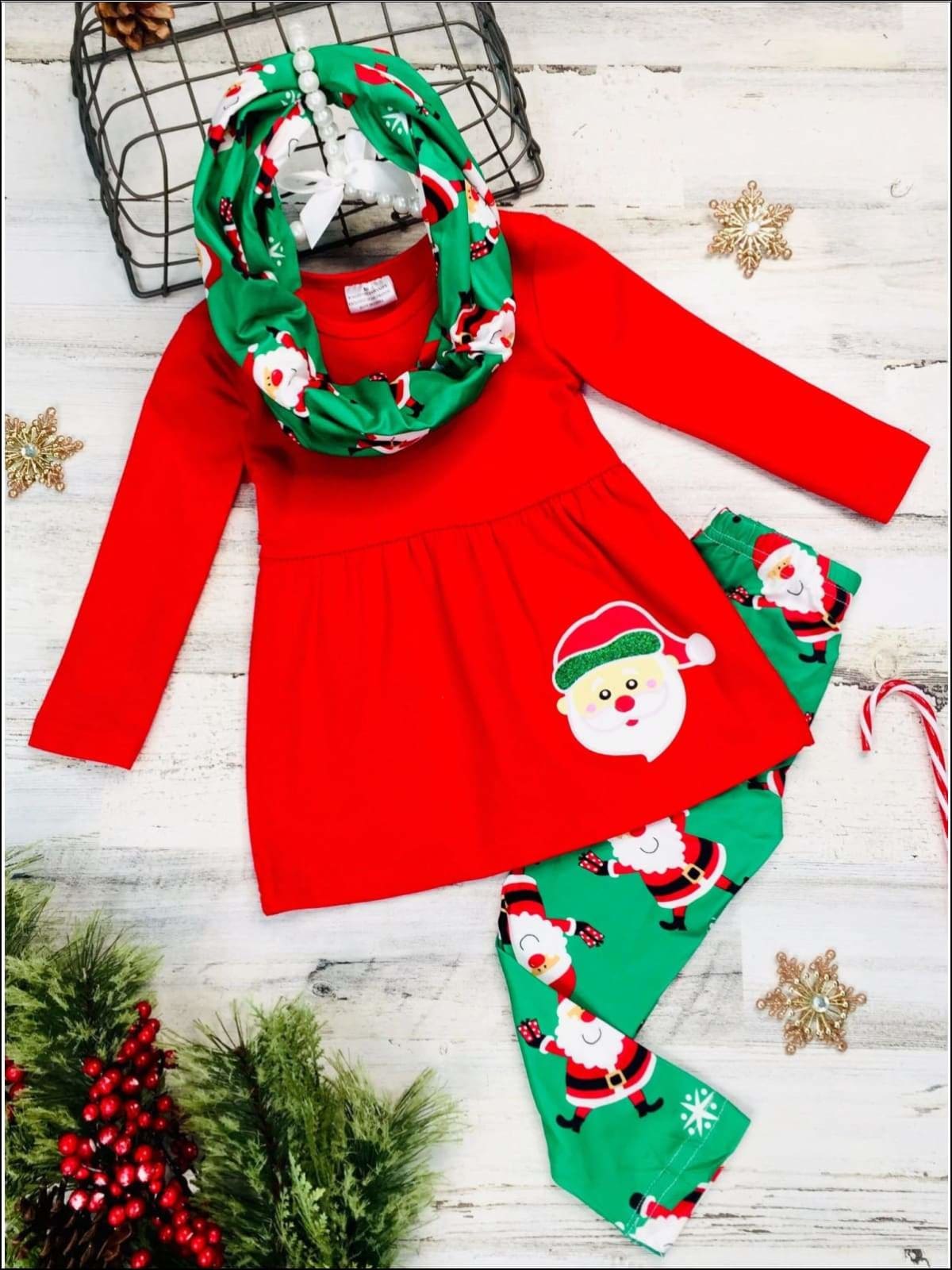 Cute Christmas Outfits  Girls Santa Tunic, Plaid Scarf And Legging Set –  Mia Belle Girls