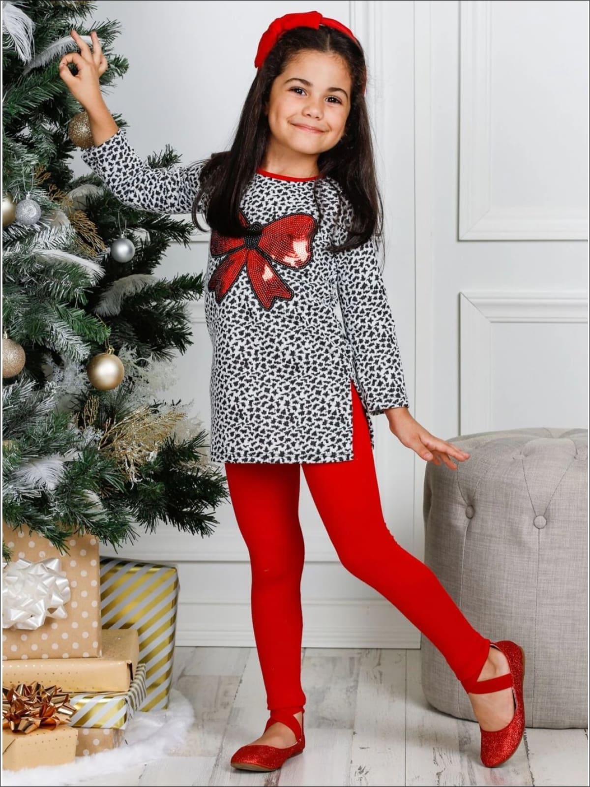 Girls White Andamp; Red Long Sleeve Tunic with Sequin Applique Kiss Andamp;  Leggings Set – Mia Belle Girls
