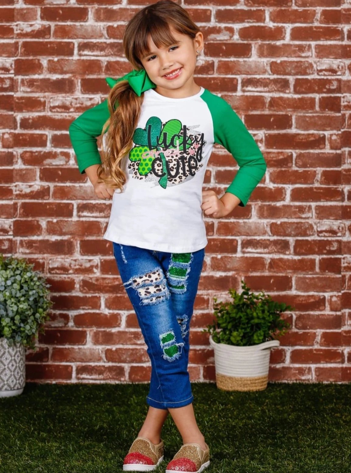 Kids Denim Clothes, Green Sequin Hem Ripped Jeans