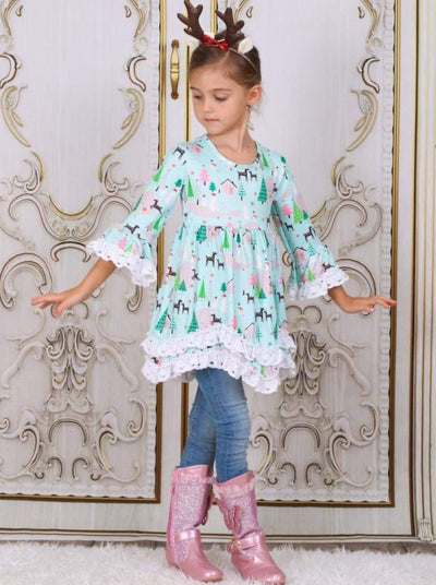 Girls Mint Reindeer & Christmas Tree Handkerchief Tunic with Lace Trim ...