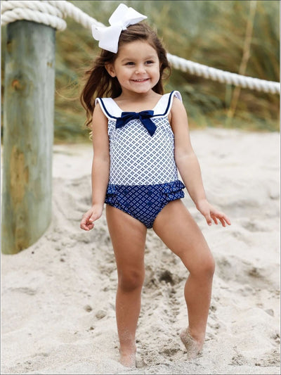 Mia Belle Girls Nautical Button Ruffled One Piece Swimsuit