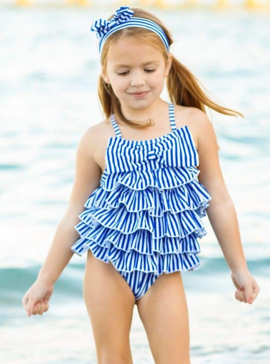 Mia Belle Girls Navy Striped Tiered Ruffled One Piece Swimsuit with Bow ...