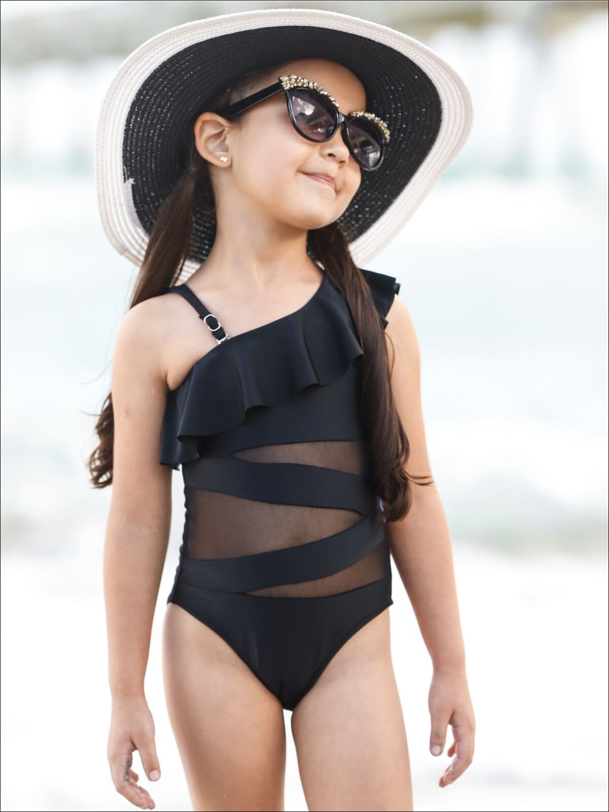 Girls One Shoulder Ruffle Mesh Cut Out One Piece Swimsuit