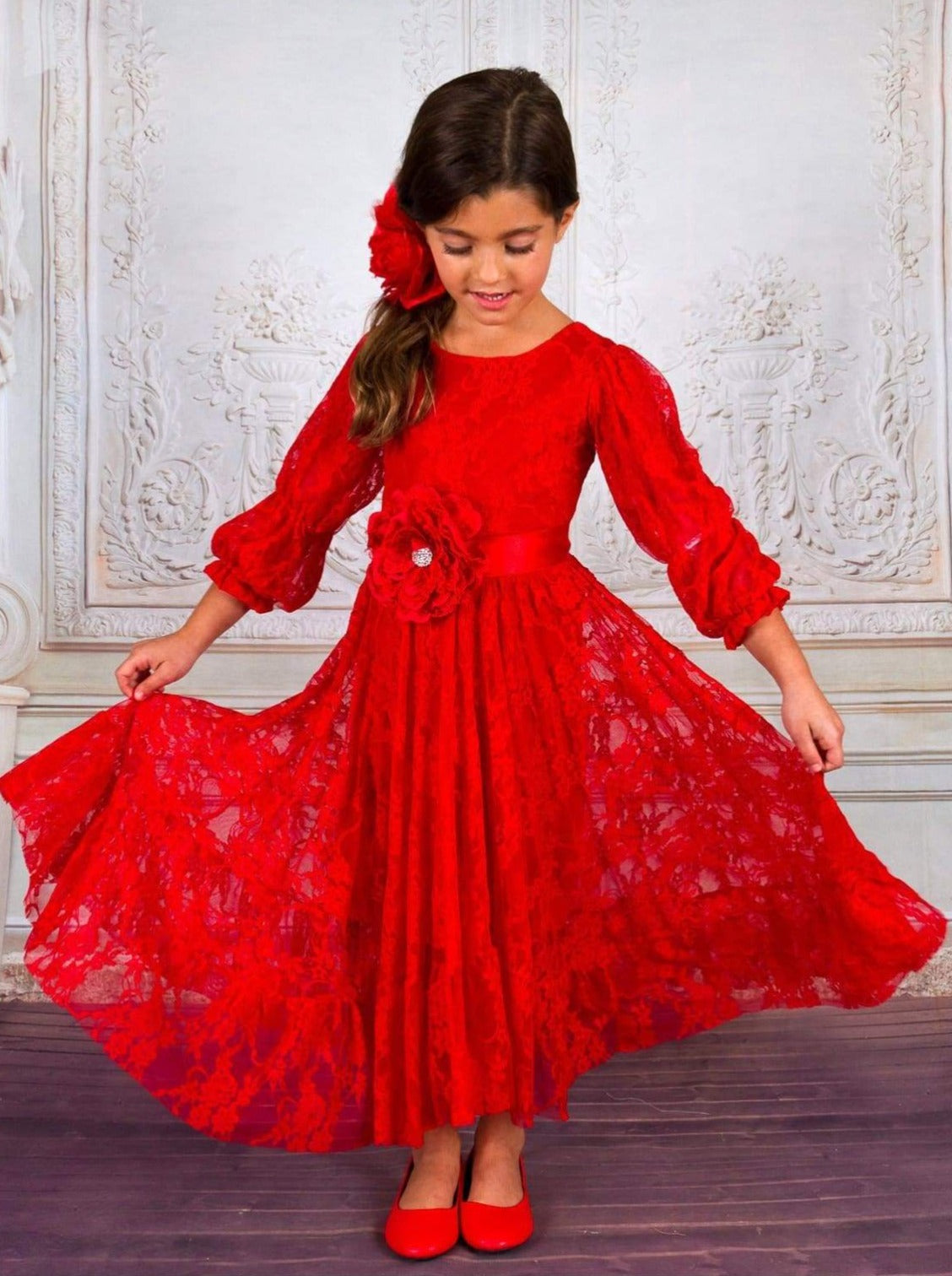 Girls Christmas Dresses Size 2-12 Years White Lace Red Bow Dresses