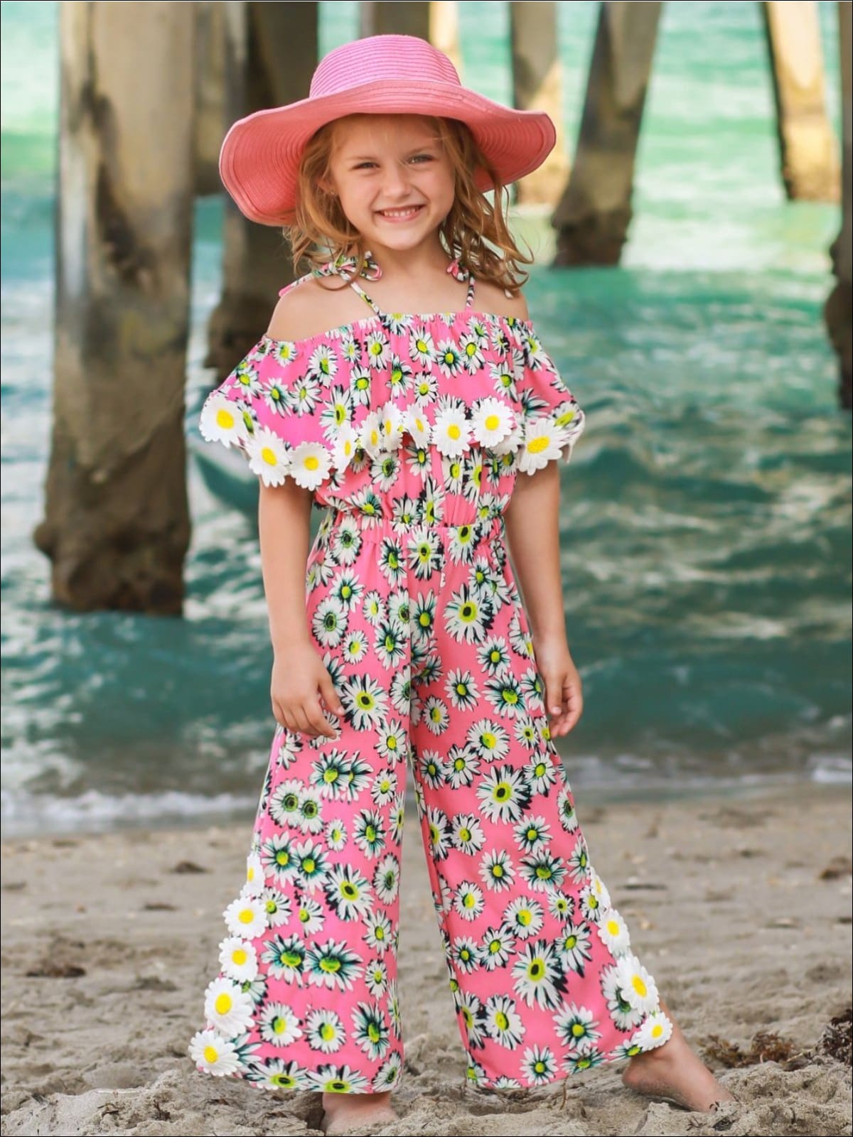 Girls Pink Daisy Print Off the Shoulder Ruffled Palazzo Jumpsuit with Daisy Appliques - Girls Jumpsuit