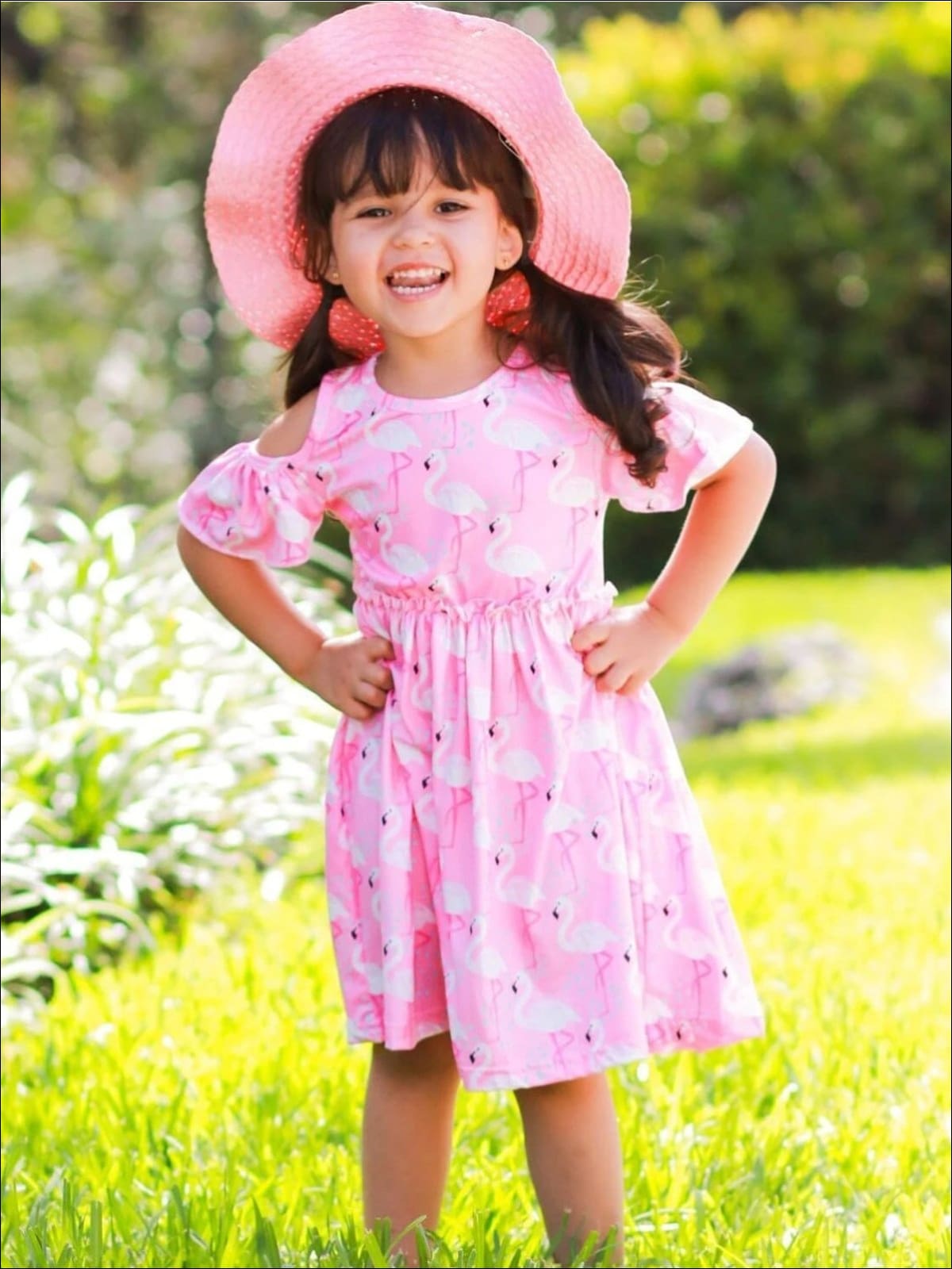 Girls Pink Flamingo Print A-Line Cold Off the Shoulder Dress